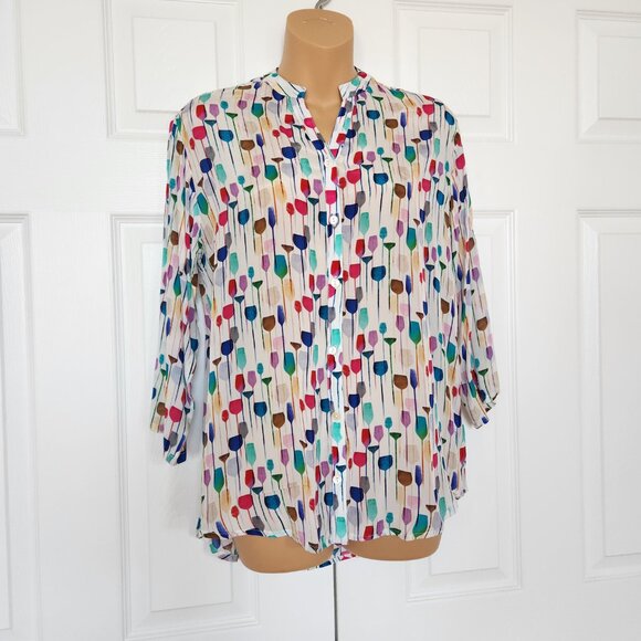 APNY NEW YORK WATERCOLOR WINE GLASS PRINT WOMAN'S BLOUSE SIZE S - Picture 2 of 11